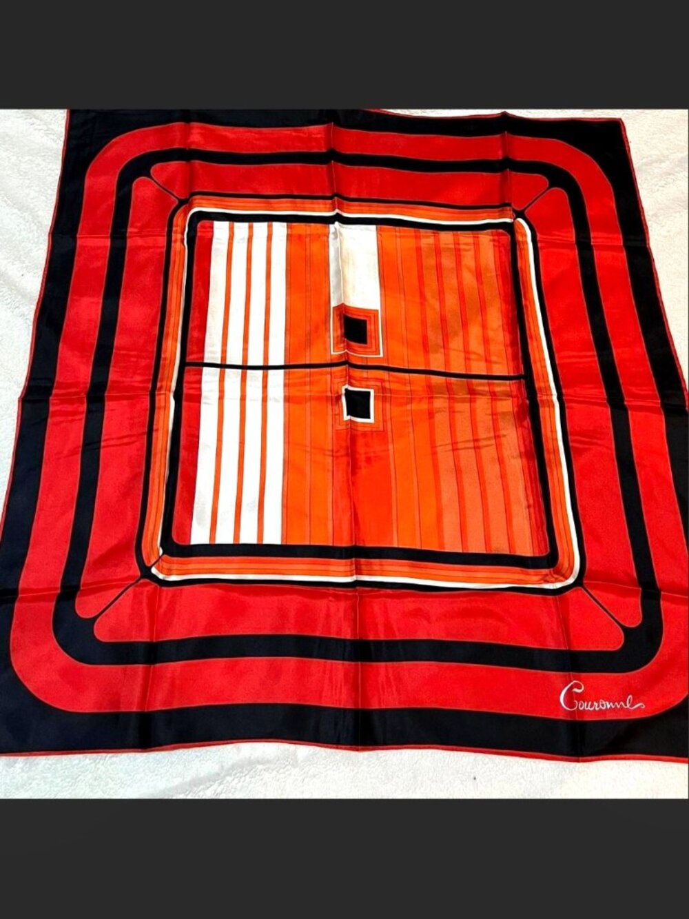 Rare Vintage Couronne 34-Inch Square Silk Scarf Hand-Rolled Op-Art Mod Geometric